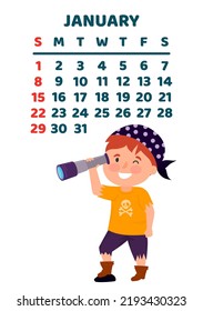 April 2023 calendar page. Vector flat cartoon illustration with cute pirate. Funny boy with spyglass. Template for print. Vertical layout. White background