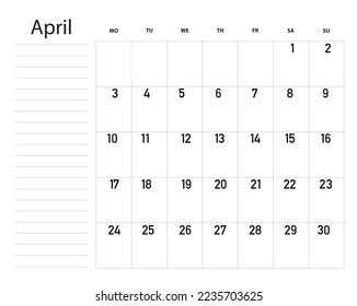 April 2023, calendar and place for notes.