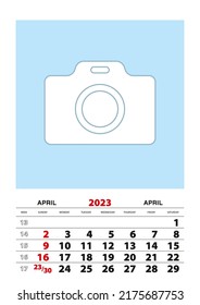 Planner calendario A3 de abril de 2023 tamaño con lugar para su foto. Planificador de vectores.