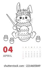 April 2023 calendar vertical page. Bunny with easter egg. Outline cartoon character, coloring book template for children activity. Chinese rabbit, traditional symbol of year.