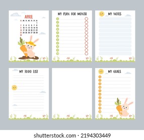 April 2023. Farm calendar for month with cute rabbit gardener and carrots in garden bed. Vector set of vertical page templates planner, to-do list, my plan and notes. Week from Sunday in English