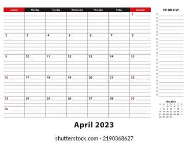 April 2023 Monatliche Desk Pad Kalenderwoche beginnt Sonntag, Größe A3. April 2023 Kalender-Planer mit To-do-Liste und Ort für Notizen.