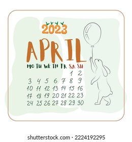 April 2023 with a rabbit in cartoon style, Calendar for April in cartoon style with cute Bunny, numbers 2023 in the form of carrots