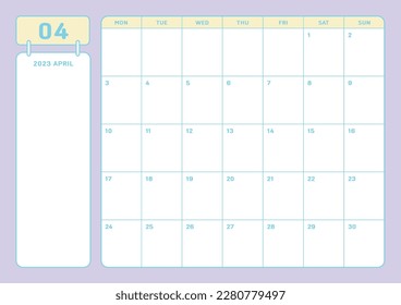 April 2023 simple design digital and printable calendar template illustration. Notes, scheduler, diary, calendar, memo, planner document template background. 