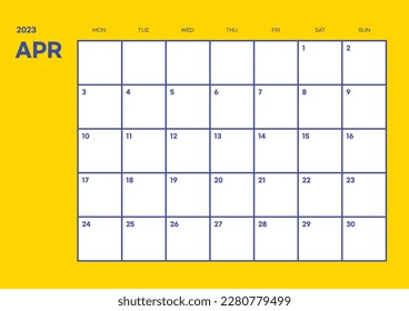 April 2023 simple design digital and printable calendar template illustration. Notes, scheduler, diary, calendar, memo, planner document template background. 