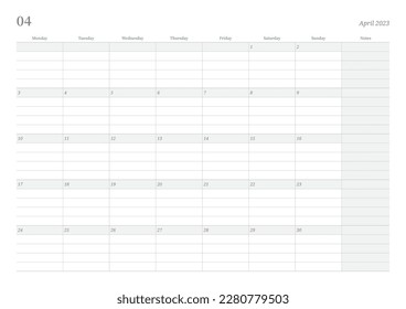 April 2023 simple design digital and printable calendar template illustration. Notes, scheduler, diary, calendar, memo, planner document template background. 