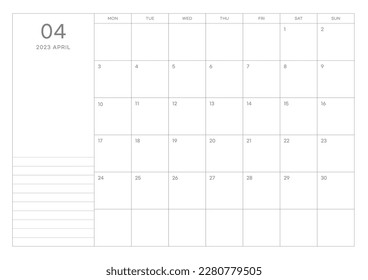 April 2023 simple design digital and printable calendar template illustration. Notes, scheduler, diary, calendar, memo, planner document template background. 