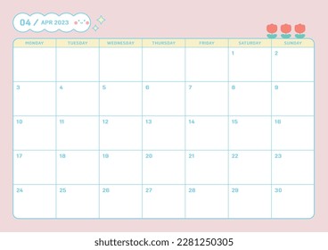 April 2023 simple design digital and printable calendar template illustration. Notes, scheduler, diary, calendar, memo, planner document template background. 