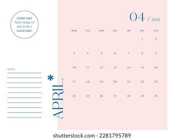 April 2023 simple design digital and printable calendar template illustration. Notes, scheduler, diary, calendar, memo, planner document template background. 