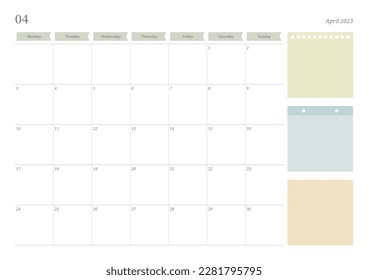 April 2023 simple design digital and printable calendar template illustration. Notes, scheduler, diary, calendar, memo, planner document template background. 