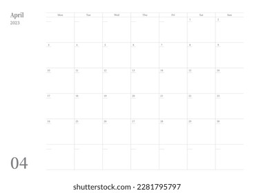 April 2023 simple design digital and printable calendar template illustration. Notes, scheduler, diary, calendar, memo, planner document template background. 