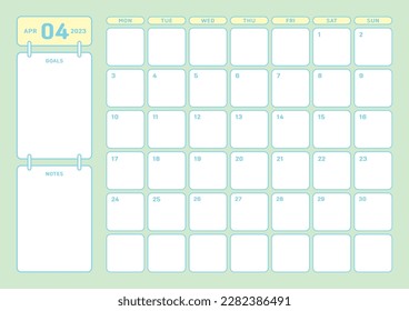 April 2023 simple design digital and printable calendar template illustration. Notes, scheduler, diary, calendar, memo, planner document template background. 