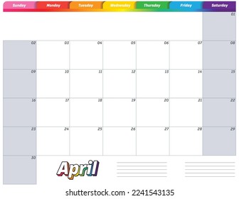 april 2023 simple rainbow colorful monthly planner calendar