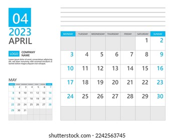 April 2023 template, Calendar planner 2023, week start on Monday, Desk calendar 2023 year, simple planner and clean design, Wall calendar design, Corporate planner template, Business template