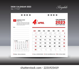 April 2023 template- Desk Calendar 2023 year template, wall calendar 2023 year, Week starts Sunday, Planner design, Stationery design, flyer design, printing media, red concept design