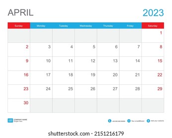 April 2023 template-Calendar 2023 design , Desk Calendar 2023 template, Planner simple, Week starts Sunday, Stationery, Wall calendar, printing, advertisement, vector illustration