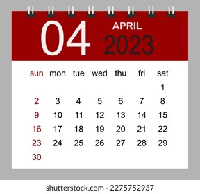 April 2023. Vector monthly calendar template 2023 year in simple style for template design. Week starts from Sunday.
