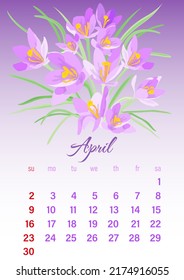 April 2023 vertical calendar page with pale lilac crocuses on a light purple gradient background