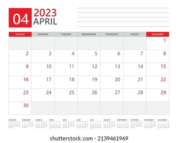 April 2023 Jahr, Kalenderplaner 2023 und Set von 12 Monaten, Woche beginnt am Sonntag. Design des Desk-Kalenders 2023, einfach und sauber, Wall-Kalender, Vorlage für Corporate Design, Vektorgrafik