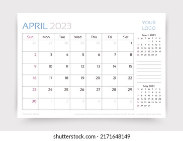 April 2023 year calendar. Planner calender template. Week starts Sunday. Desk monthly organizer. Timetable layout. Table schedule grid. Corporate diary. Vector simple illustration. Paper size A5