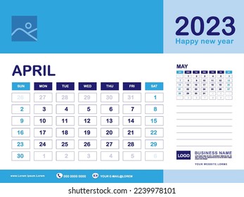 April 2023 year, Calendar planner 2023 and Set of 12 Months, week start on Sunday. Desk calendar 2023 design, simple, Wall calendar, Corporate design planner template vector, blue background