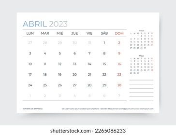 April 2023 year calendar in Spanish. Planner calender template. Week starts Sunday. Spain monthly organizer. Timetable layout. Corporate table schedule grid. Vector simple illustration. Paper size A5