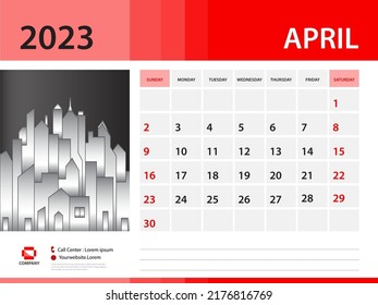 April 2023 year- Calendar 2023 template, Desk Calendar 2023 year, Week Start On Sunday, Wall calendar design, sample Planner, Stationery, Poster, printing media, red background