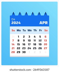 Calendário de abril de 2024. Retrato de calendário azul. O fim de semana de 2024 inclui domingo e sábado. Criar modelo. Layout do calendário mensal abril de 2024. Ilustração vetorial