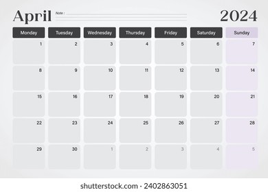 April 2024 Kalender- oder Schreibtischplaner in weichen, grauen und violetten Farben mit leeren Notenzeilen, Wochen ab Montag, Vektorgrafik-Design