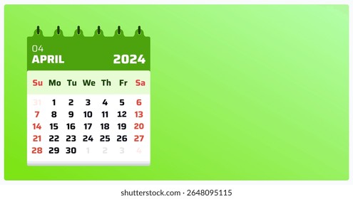 Calendário de abril de 2024. Paisagem do calendário verde. 2024 Weekend setup de domingo a sábado. Modelo plano de abril 2024 visão de calendário. Ilustração vetorial.