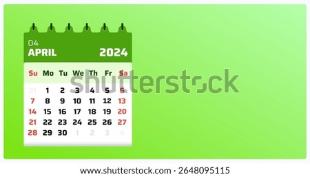 April 2024 calendar. Green calendar landscape. 2024 Weekend setup sunday to saturday. Flat template of April 2024 calendar view. Vector illustration.