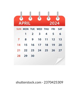April 2024 Calendar Leaf. Calendar 2024 in flat style. Calendar 2024 week start Sunday corporate design planner template. Wall calendar. Vector illustration