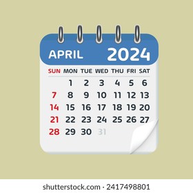 April 2024 Calendar Leaf. Calendar 2024 in flat style