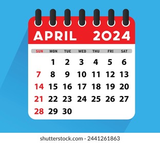 April 2024 Calendar Leaf. Calendar 2024 in flat style. April 2024 Calendar. Week starts on Sunday. Blank Calendar Template. Stationery Design. Vector Illustration