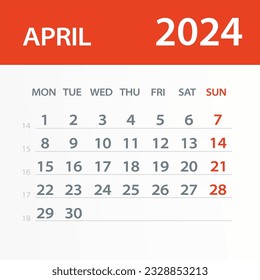 Hoja del Calendario de Abril de 2024 - Ilustración. página de gráfico de vector