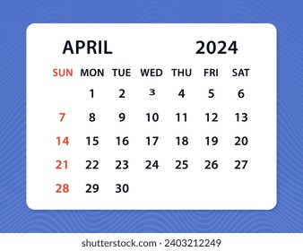 April 2024 Calendar Leaf. Monthly calendar template for 2024 year. Calendar planner for 2024. Colorful wall calendar in English. Mock up Week starts Sunday. Vector illustration