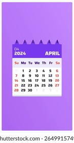 Calendário de abril de 2024. História de calendário roxa. O fim de semana de 2024 começa domingo e sábado. Design limpo. Data da página do calendário de abril de 2024. Ilustração vetorial