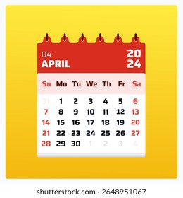 April 2024 calendar. Red calendar square. 2024 Weekend sunday to saturday. Planner-style calendar format. Monthly grid for april 2024. Vector illustration.

