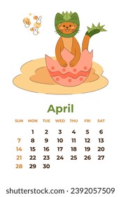 April 2024. Calendar sheet with a cute cat in a dragon costume sitting in an Easter egg shell. Cartoon vector illustration.