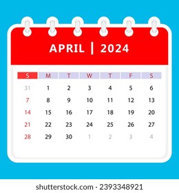 April 2024 calendar. Sunday start. Vector design