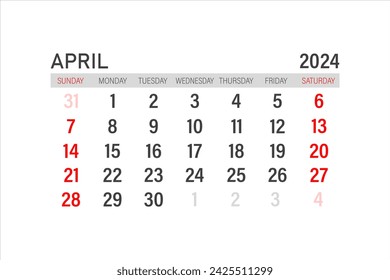 Plantilla de calendario de abril de 2024. Presentación de abril de 2024. Planificador mensual imprimible. Diseño de calendario de escritorio. Comienzo de la semana el domingo