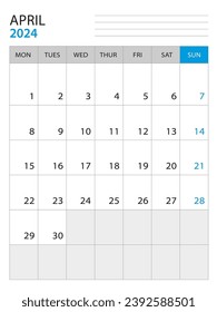 April 2024 - Calendar 2024 template vector illustration, week start on monday, Wall calendar 2024 design, Desk calendar template, corporate planner template, Stationery, organizer diary, vector