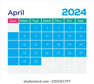  April 2024 Kalender. 2024 Kalender, Vektorgrafik. Wall-Desk-Kalender Vektorvorlage, Einfache minimale Design. Vorlage des Wall-Kalenders für April 2024