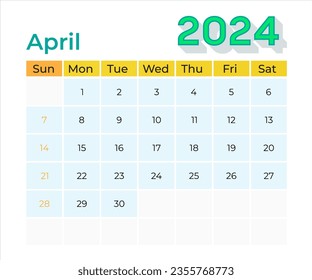 April 2024 Calendar. 2024 Calendar vector illustration. Wall Desk Calendar Vector Template, Simple Minimal Design. Wall Calendar Template For April 2024