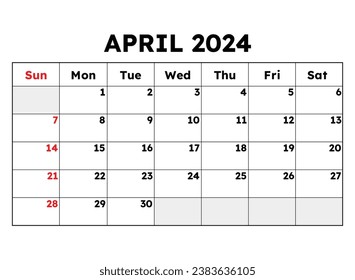 April 2024 calendar. Vector illustration. Monthly planning for your business events