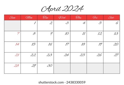 Abril 2024 calendario mensual INGLÉS. Ilustración imprimible vectorial. Planificación mensual para sus eventos empresariales