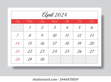 Abril 2024 calendario mensual INGLÉS. Vector de ilustración imprimible. Planificación mensual de sus eventos