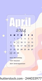 Abril 2024 Mes Calendario Abstracto Teléfono Fondo De Pantalla Instagram Historias Fondo Lindo Kawaii Paisaje Nubes Estrellas Púrpura Rosa Vector Diseño