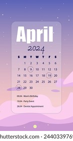 April 2024 Month Calendar On Abstract Phone Wallpaper Instagram Stories Fantasy Cute Kawaii Landscape Clouds Stars  Purple Pink Vector Design