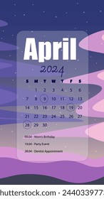 April 2024 Month Calendar On  Abstract Phone Wallpaper Instagram Stories Landscape Background Sky Stars Field Vector Design